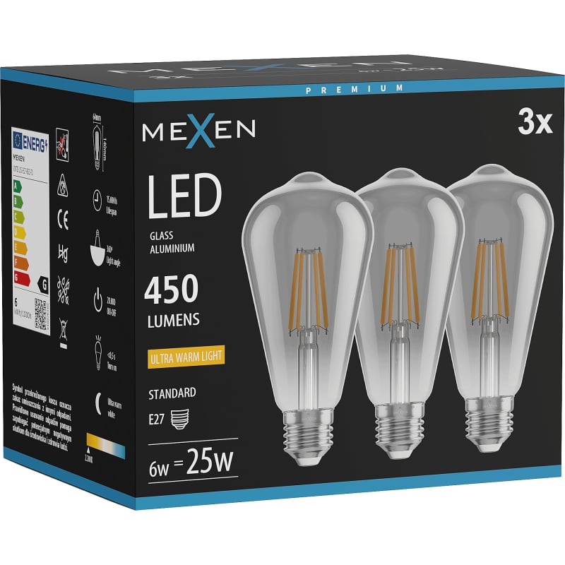 Mexen Vintis 3x Ampoule filament LED E27, ST64, 6W, Chaude - 2200K, 450 lm, fumée - L152-E27-0622-70x03