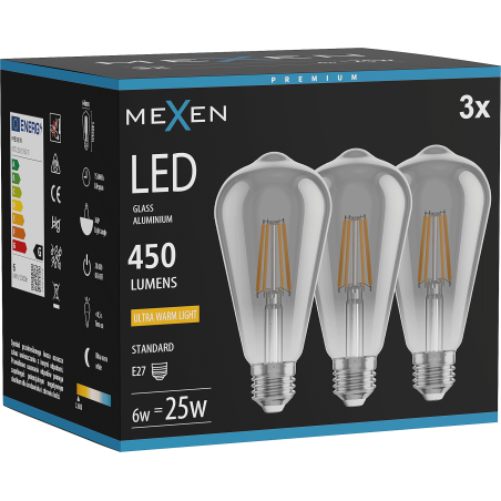 Mexen Vintis 3x Ampoule filament LED E27, ST64, 6W, Chaude - 2200K, 450 lm, fumée - L152-E27-0622-70x03