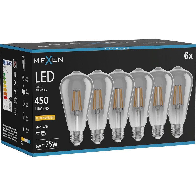 Mexen Vintis 6x Ampoule filament LED E27, ST64, 6W, Chaude - 2200K, 450 lm, fumée - L152-E27-0622-70x06