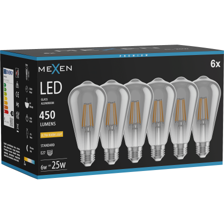 Mexen Vintis 6x Ampoule filament LED E27, ST64, 6W, Chaude - 2200K, 450 lm, fumée - L152-E27-0622-70x06
