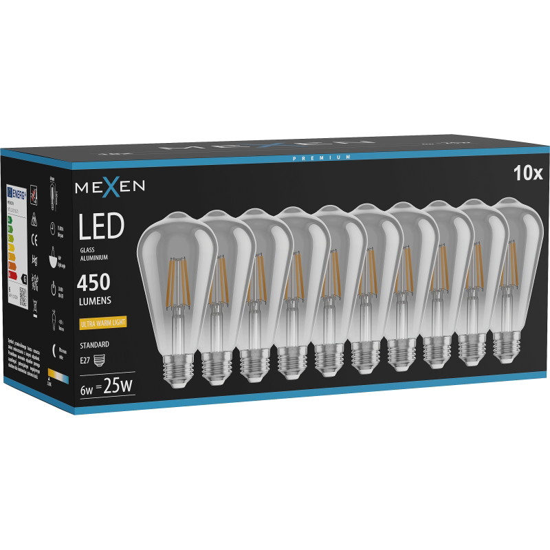 Mexen Vintis 10x Ampoule filament LED E27, ST64, 6W, Chaud - 2200K, 450 lm, fumée - L152-E27-0622-70x10