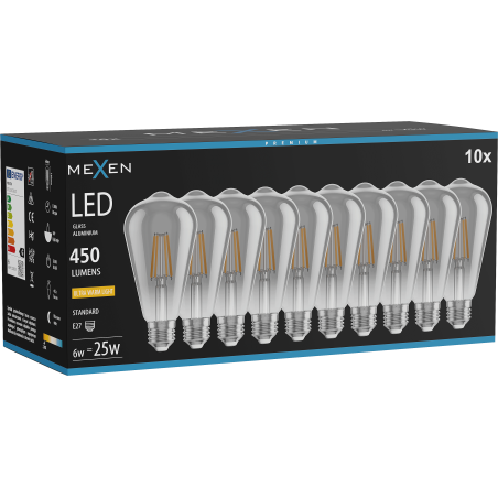 Mexen Vintis 10x Ampoule filament LED E27, ST64, 6W, Chaud - 2200K, 450 lm, fumée - L152-E27-0622-70x10