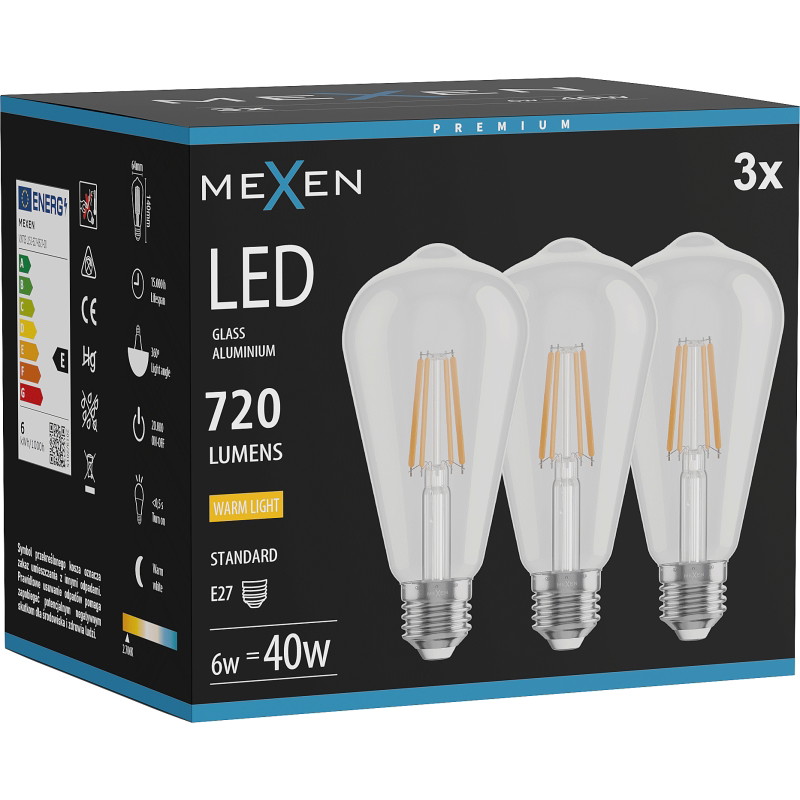 Mexen Vintis 3x Ampoule à filament LED E27, ST64, 6W, Chaude - 2700K, 720 lm, claire - L152-E27-0627-00x03