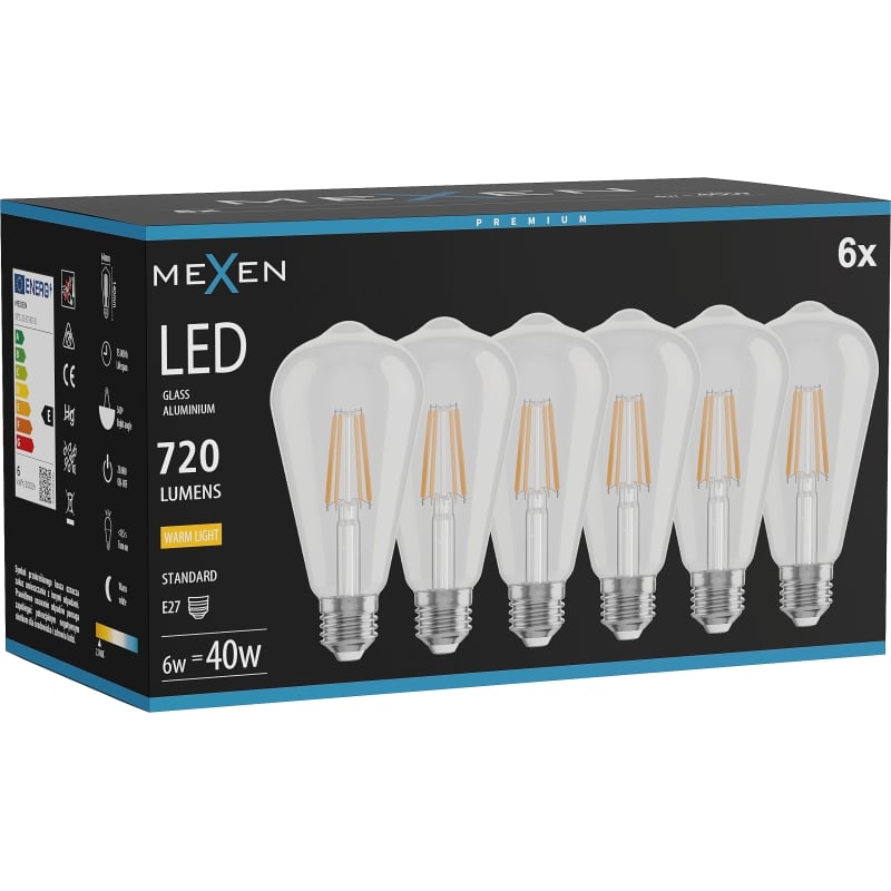 Mexen Vintis 6x Ampoule filament LED E27, ST64, 6W, Chaude - 2700K, 720 lm, clair - L152-E27-0627-00x06