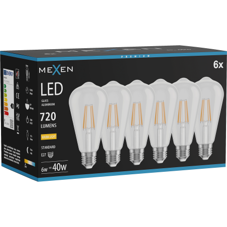 Mexen Vintis 6x Ampoule filament LED E27, ST64, 6W, Chaude - 2700K, 720 lm, clair - L152-E27-0627-00x06