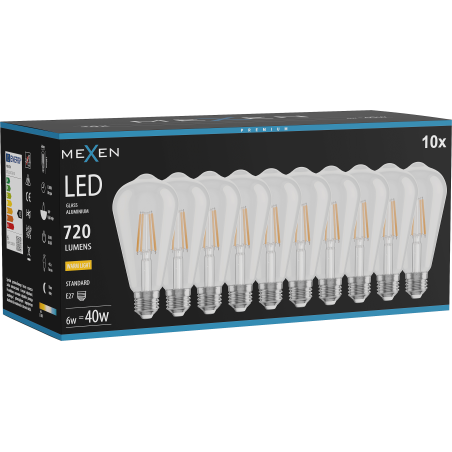 Mexen Vintis 10x Ampoule filament LED E27, ST64, 6W, Chaude - 2700K, 720 lm, claire - L152-E27-0627-00x10