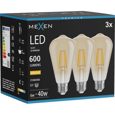Mexen Vintis 3x Ampoule filament LED E27, ST64, 6W, Chaude - 2700K, 600 lm, ambre - L152-E27-0627-50x03