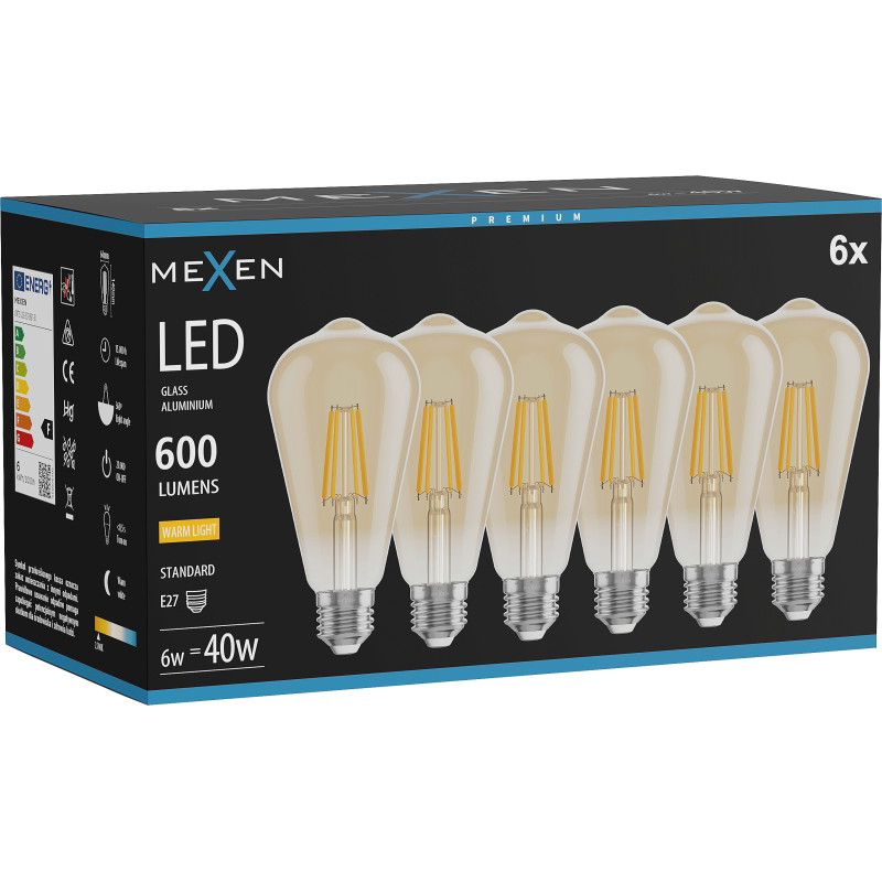 Mexen Vintis 6x Ampoule à filament LED E27, ST64, 6W, Chaud - 2700K, 600 lm, ambre - L152-E27-0627-50x06