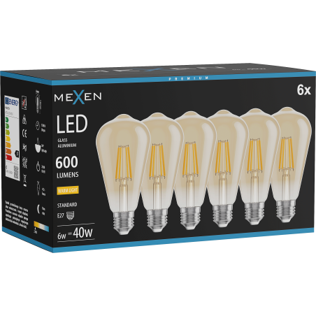Mexen Vintis 6x Ampoule à filament LED E27, ST64, 6W, Chaud - 2700K, 600 lm, ambre - L152-E27-0627-50x06