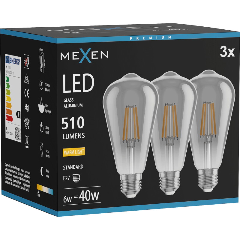 Mexen Vintis 3x Ampoule filament LED E27, ST64, 6W, Chaude - 2700K, 510 lm, fumée - L152-E27-0627-70x03