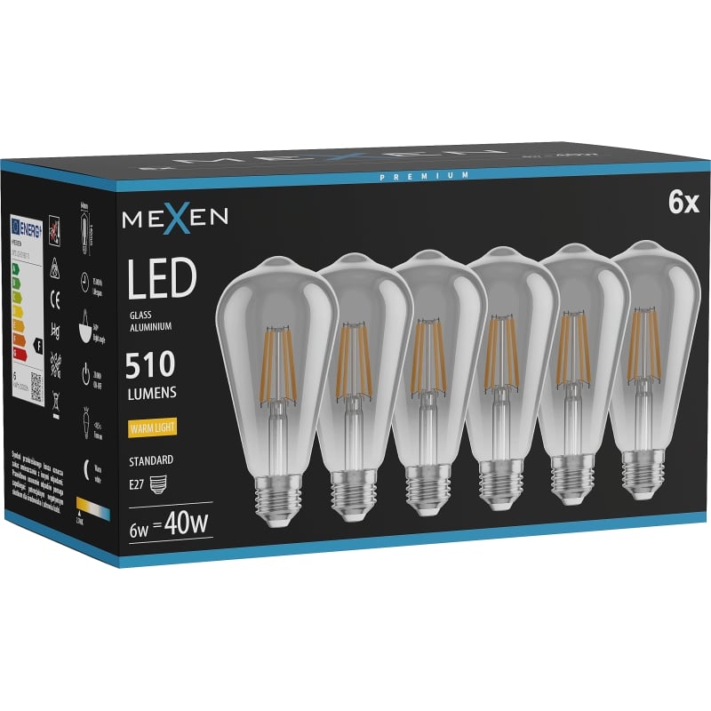 Mexen Vintis 6x Ampoule filament LED E27, ST64, 6W, Chaude - 2700K, 510 lm, fumée - L152-E27-0627-70x06