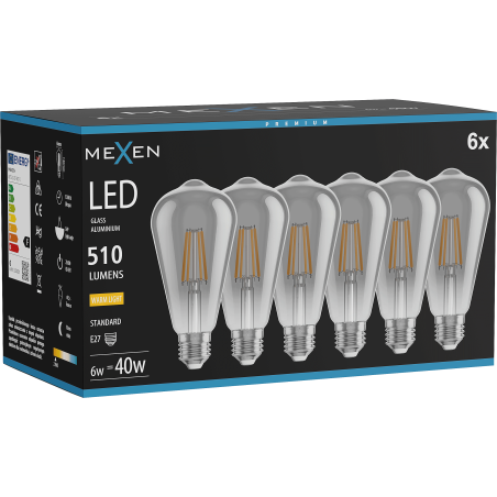 Mexen Vintis 6x Ampoule filament LED E27, ST64, 6W, Chaude - 2700K, 510 lm, fumée - L152-E27-0627-70x06