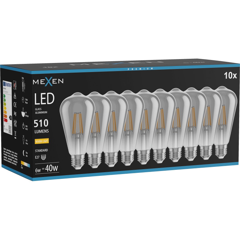 Mexen Vintis 10x Ampoule filament LED E27, ST64, 6W, Chaud - 2700K, 510 lm, fumée - L152-E27-0627-70x10