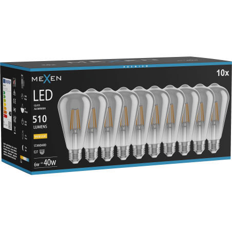 Mexen Vintis 10x Ampoule filament LED E27, ST64, 6W, Chaud - 2700K, 510 lm, fumée - L152-E27-0627-70x10