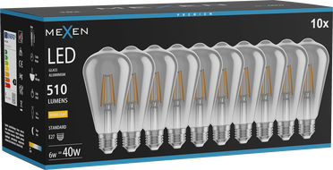 Mexen Vintis 10x Ampoule filament LED E27, ST64, 6W, Chaud - 2700K, 510 lm, fumée - L152-E27-0627-70x10