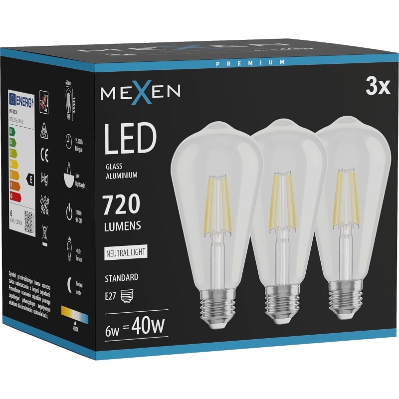 Mexen Vintis 3x Ampoule filament LED E27, ST64, 6W, Neutre - 4000K, 720 lm, transparent - L152-E27-0640-00x03