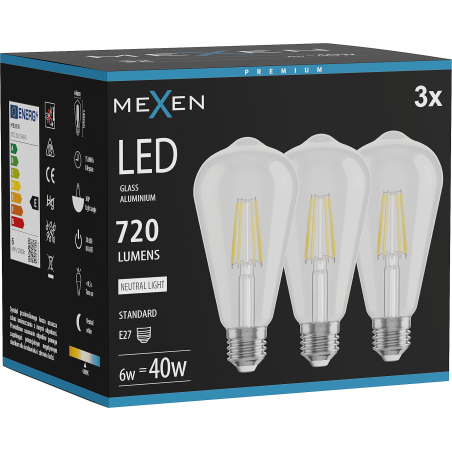 Mexen Vintis 3x Ampoule filament LED E27, ST64, 6W, Neutre - 4000K, 720 lm, transparent - L152-E27-0640-00x03