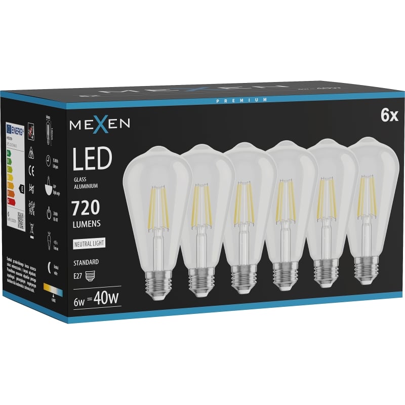 Mexen Vintis 6x Ampoule filament LED E27, ST64, 6W, Neutre - 4000K, 720 lm, transparent - L152-E27-0640-00x06