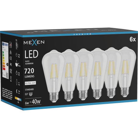 Mexen Vintis 6x Ampoule filament LED E27, ST64, 6W, Neutre - 4000K, 720 lm, transparent - L152-E27-0640-00x06