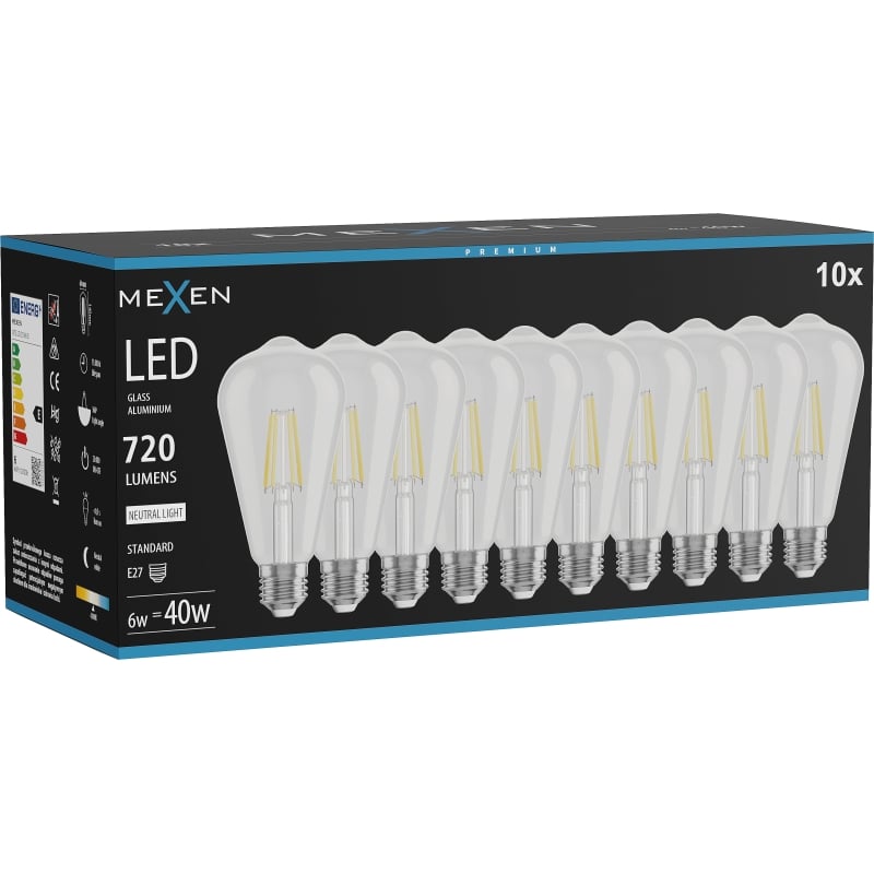 Mexen Vintis 10x Ampoule filament LED E27, ST64, 6W, Neutre - 4000K, 720 lm, clair - L152-E27-0640-00x10