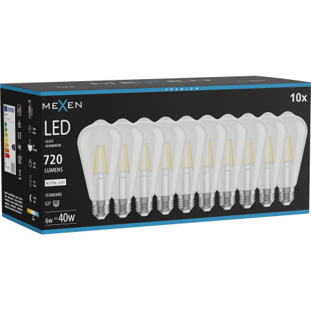 Mexen Vintis 10x Ampoule filament LED E27, ST64, 6W, Neutre - 4000K, 720 lm, clair - L152-E27-0640-00x10