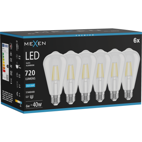 Mexen Vintis 6x ampoule filament LED E27, ST64, 6W, Froid - 6500K, 720 lm, transparent - L152-E27-0665-00x06