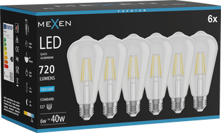 Mexen Vintis 6x ampoule filament LED E27, ST64, 6W, Froid - 6500K, 720 lm, transparent - L152-E27-0665-00x06