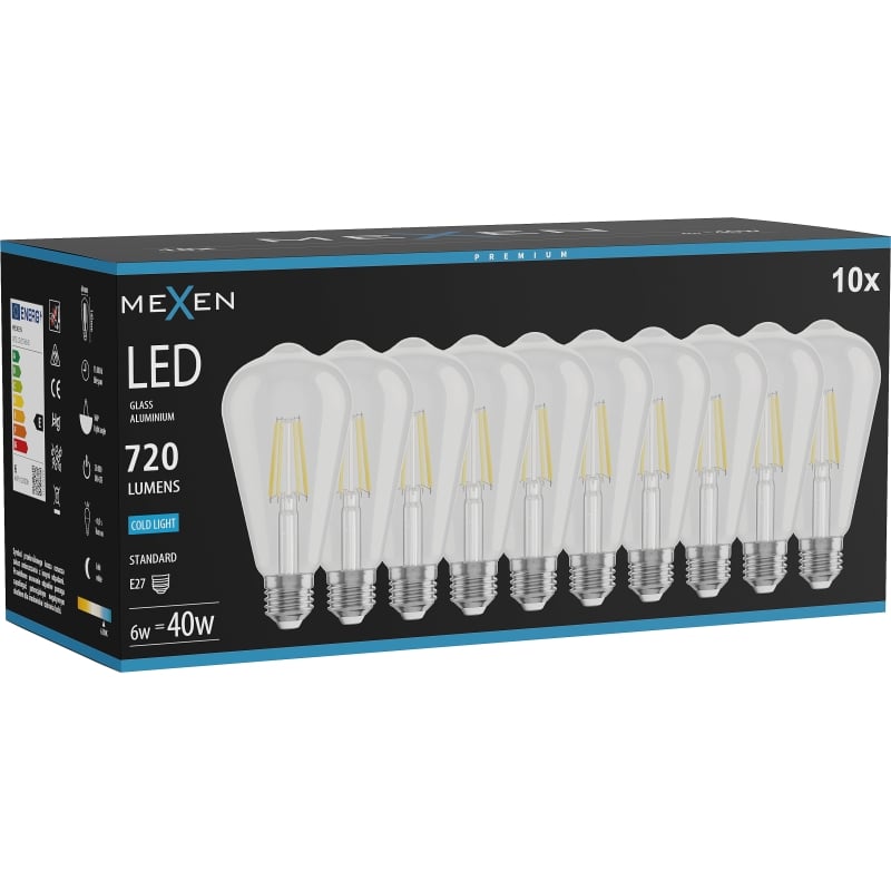 Mexen Vintis 10x Ampoule LED Filament E27, ST64, 6W, Froid - 6500K, 720 lm, claire - L152-E27-0665-00x10