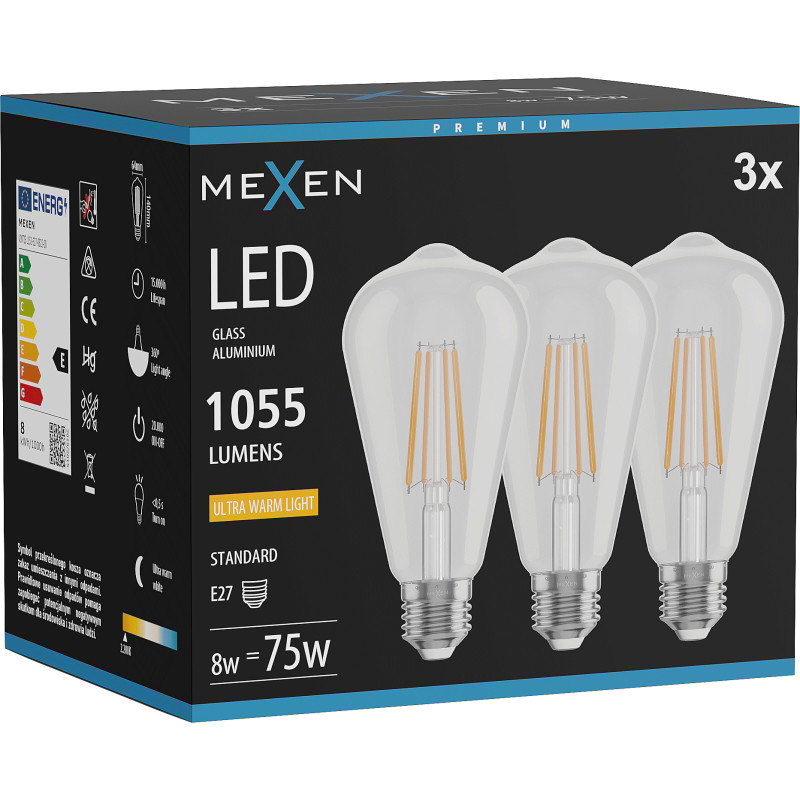 Mexen Vintis 3x Ampoule filament LED E27, ST64, 8W, Chaud - 2200K, 1055 lm, claire - L152-E27-0822-00x03