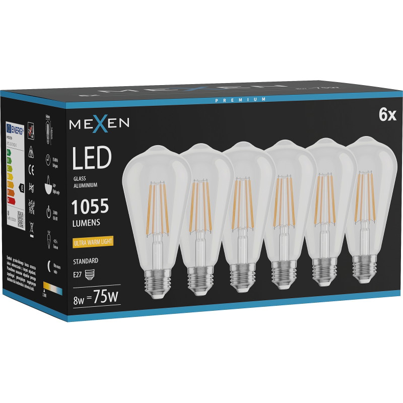 Mexen Vintis 6x Ampoule filament LED E27, ST64, 8W, Chaude - 2200K, 1055 lm, transparente - L152-E27-0822-00x06