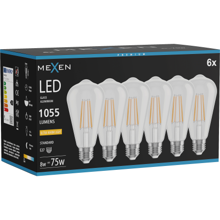 Mexen Vintis 6x Ampoule filament LED E27, ST64, 8W, Chaude - 2200K, 1055 lm, transparente - L152-E27-0822-00x06