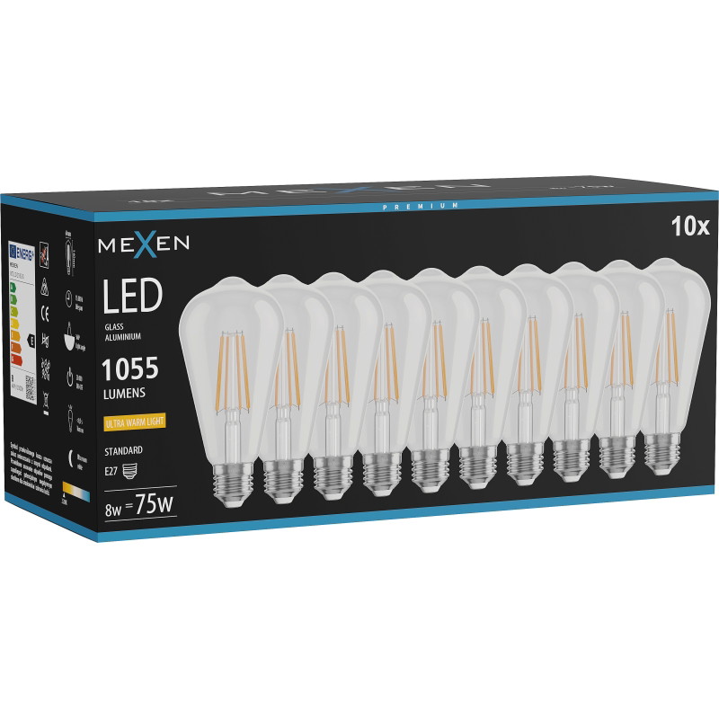 Mexen Vintis 10x ampoule à filament LED E27, ST64, 8W, Chaude - 2200K, 1055 lm, claire - L152-E27-0822-00x10