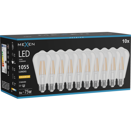 Mexen Vintis 10x ampoule à filament LED E27, ST64, 8W, Chaude - 2200K, 1055 lm, claire - L152-E27-0822-00x10