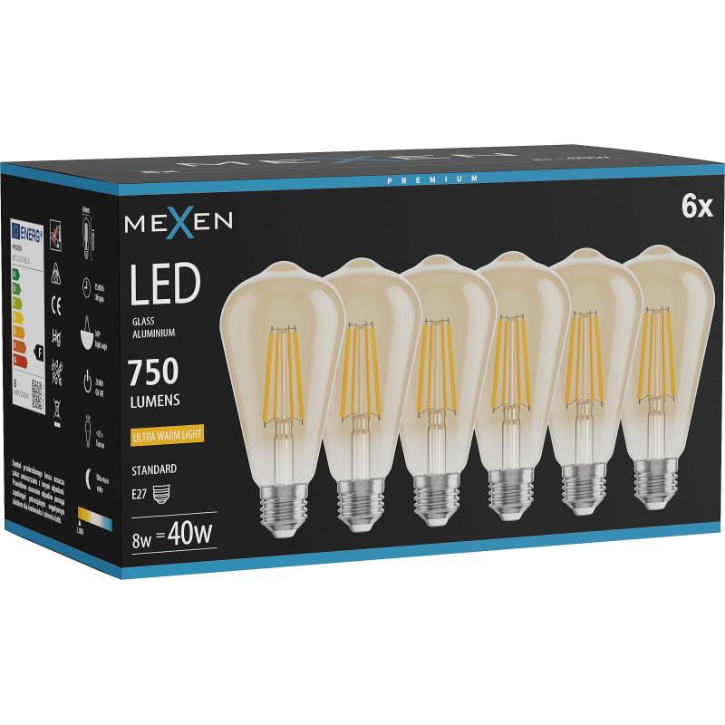 Mexen Vintis 6x Ampoule filament LED E27, ST64, 8W, Chaude - 2200K, 750 lm, ambre - L152-E27-0822-50x06