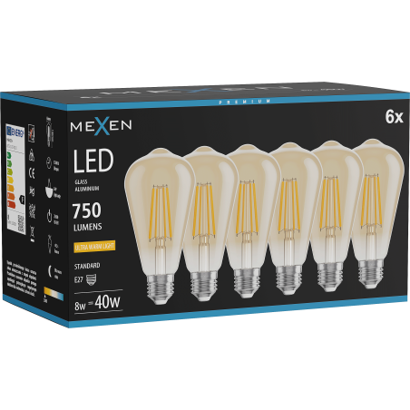 Mexen Vintis 6x Ampoule filament LED E27, ST64, 8W, Chaude - 2200K, 750 lm, ambre - L152-E27-0822-50x06
