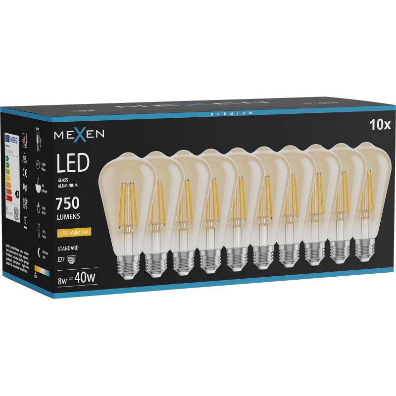 Mexen Vintis 10x Ampoule filament LED E27, ST64, 8W, Chaude - 2200K, 750 lm, ambre - L152-E27-0822-50x10