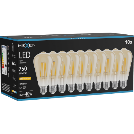 Mexen Vintis 10x Ampoule filament LED E27, ST64, 8W, Chaude - 2200K, 750 lm, ambre - L152-E27-0822-50x10