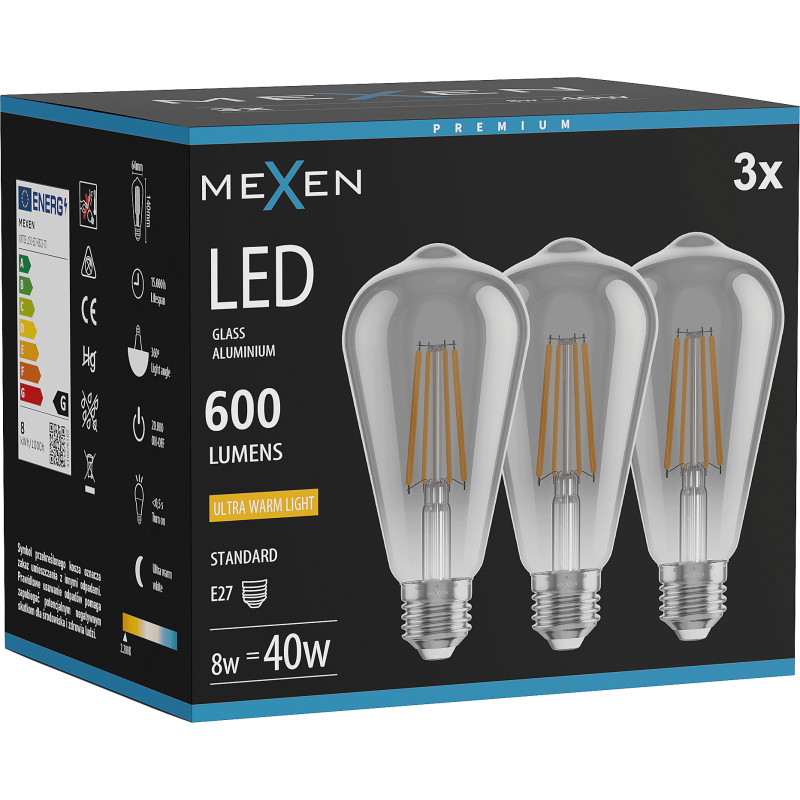 Mexen Vintis 3x Ampoule filament LED E27, ST64, 8W, Chaude - 2200K, 600 lm, fumée - L152-E27-0822-70x03