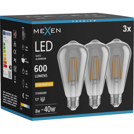 Mexen Vintis 3x Ampoule filament LED E27, ST64, 8W, Chaude - 2200K, 600 lm, fumée - L152-E27-0822-70x03