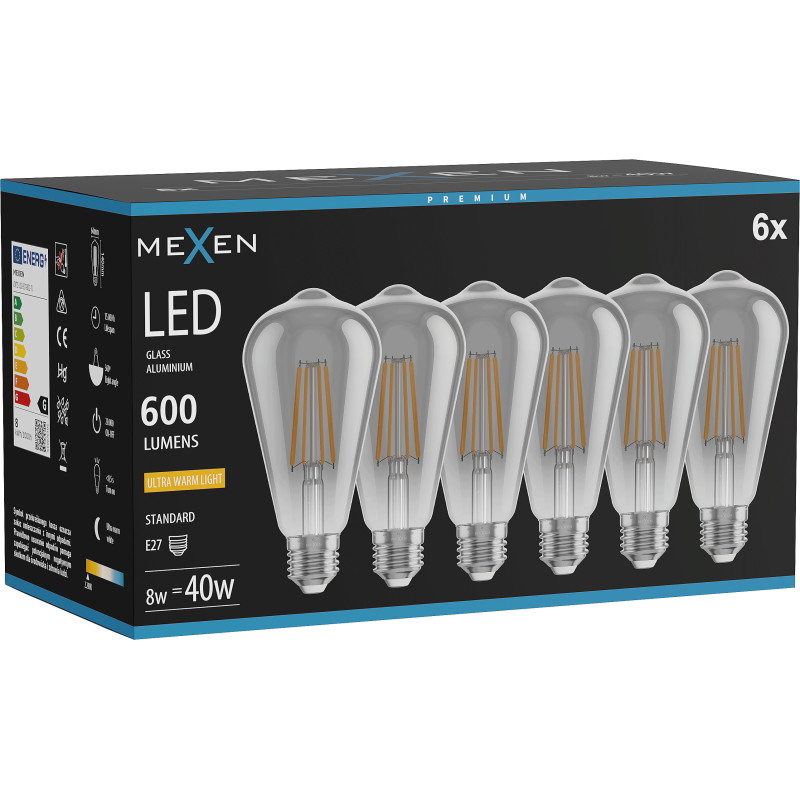 Mexen Vintis 6x Ampoule à filament LED E27, ST64, 8W, Chaud - 2200K, 600 lm, fumée - L152-E27-0822-70x06