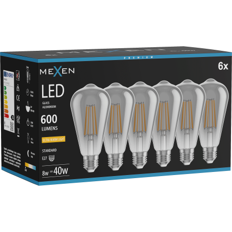 Mexen Vintis 6x Ampoule à filament LED E27, ST64, 8W, Chaud - 2200K, 600 lm, fumée - L152-E27-0822-70x06