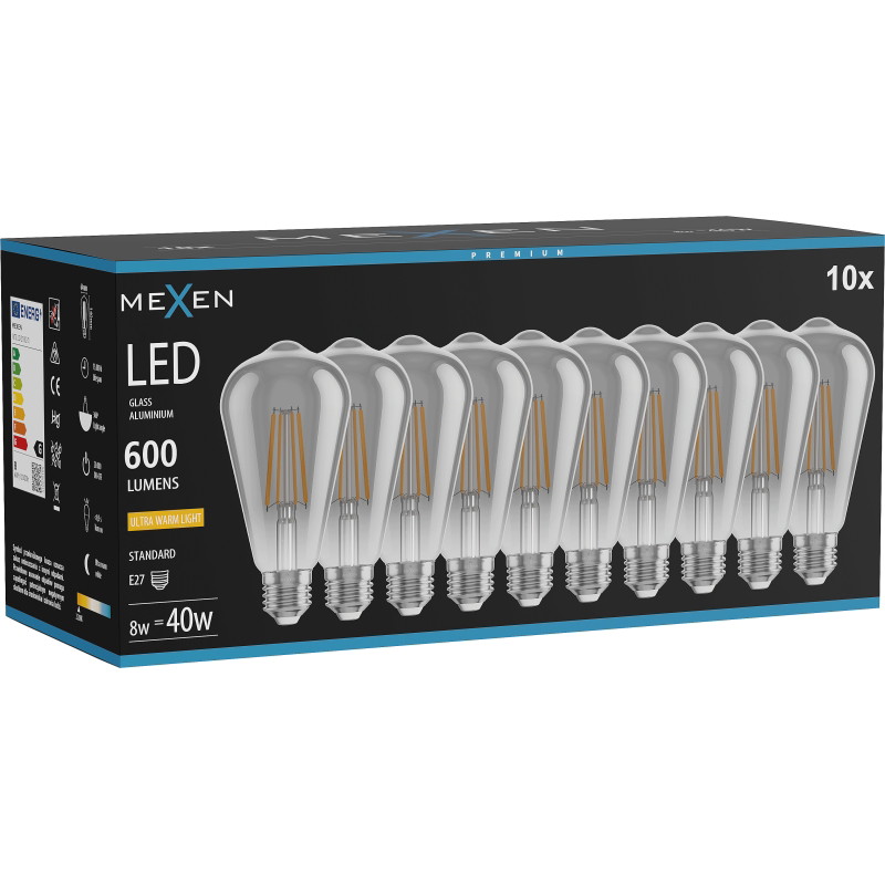 Mexen Vintis 10x Ampoule à filament LED E27, ST64, 8W, Chaude - 2200K, 600 lm, fumée - L152-E27-0822-70x10