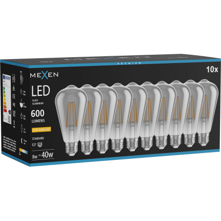 Mexen Vintis 10x Ampoule à filament LED E27, ST64, 8W, Chaude - 2200K, 600 lm, fumée - L152-E27-0822-70x10