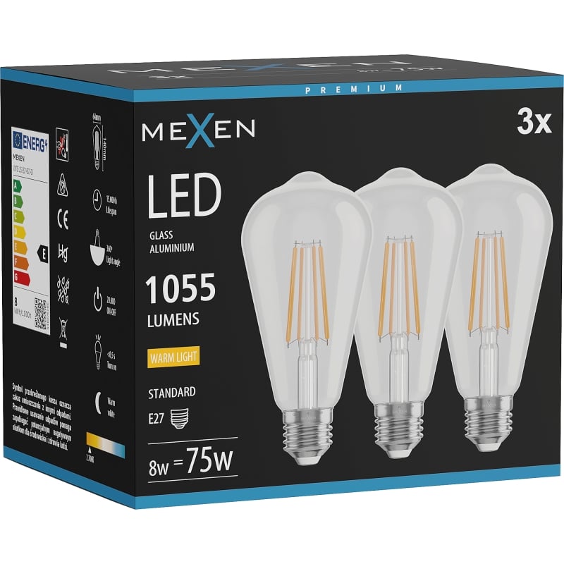 Mexen Vintis 3x Ampoule filament LED E27, ST64, 8W, Chaude - 2700K, 1055 lm, clair - L152-E27-0827-00x03