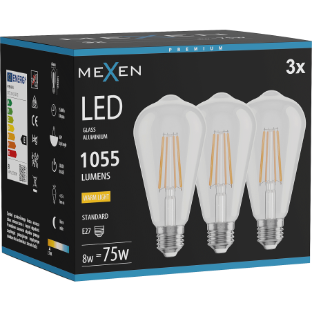 Mexen Vintis 3x Ampoule filament LED E27, ST64, 8W, Chaude - 2700K, 1055 lm, clair - L152-E27-0827-00x03