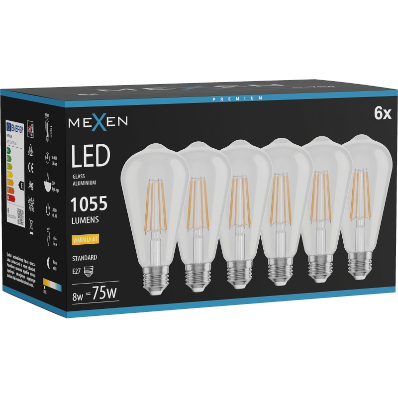 Mexen Vintis 6x Ampoule à filament LED E27, ST64, 8W, Chaude - 2700K, 1055 lm, clair - L152-E27-0827-00x06