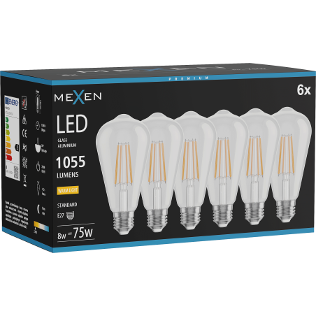 Mexen Vintis 6x Ampoule à filament LED E27, ST64, 8W, Chaude - 2700K, 1055 lm, clair - L152-E27-0827-00x06
