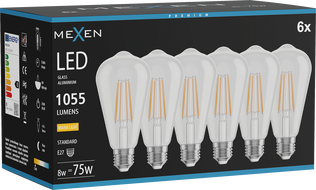 Mexen Vintis 6x Ampoule à filament LED E27, ST64, 8W, Chaude - 2700K, 1055 lm, clair - L152-E27-0827-00x06