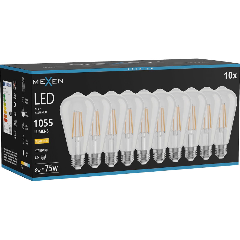 Mexen Vintis 10x Ampoule à filament LED E27, ST64, 8W, Chaude - 2700K, 1055 lm, clair - L152-E27-0827-00x10