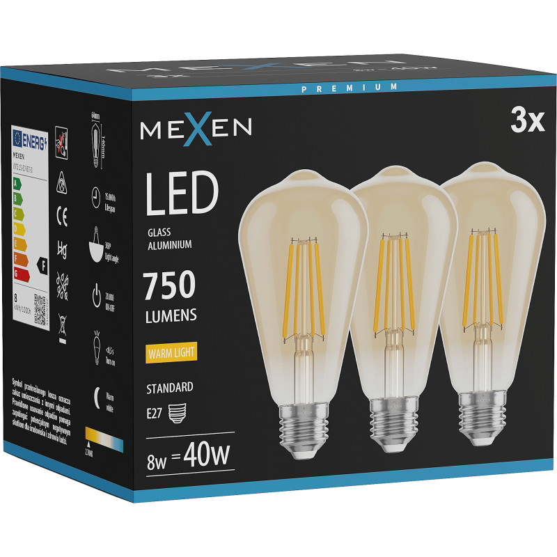 Mexen Vintis 3x Ampoule filament LED E27, ST64, 8W, Chaude - 2700K, 750 lm, ambre - L152-E27-0827-50x03